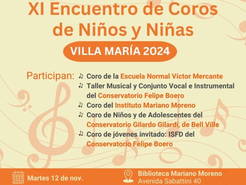 Villa María será sede del "XI Encuentro de Coros de Niños y Niñas"