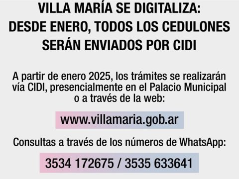 Villa María Más Innovadora: Desde enero todos los cedulones se enviarán por CiDi