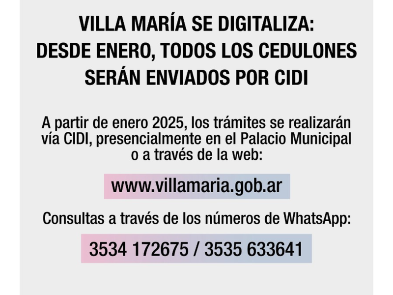 Villa María se digitaliza: desde enero, todos los cedulones serán enviados por CiDi